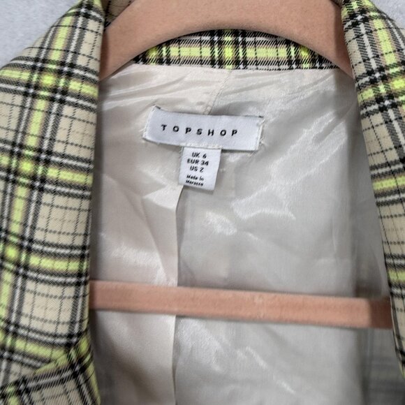 Topshop Blazer Womens US 2 Beige Neon Yellow Plaid Two Button Lined 17B17MULT - Picture 5 of 12